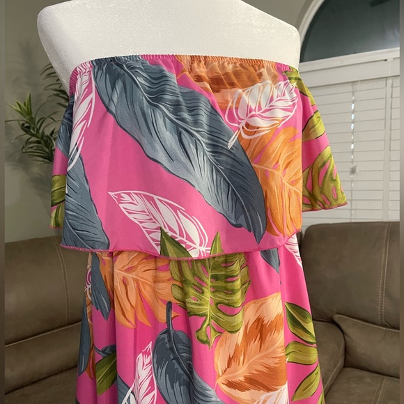 NEW Pink Tropical Strapless Ruffle Dress Sz L Large - Picture 5 of 8